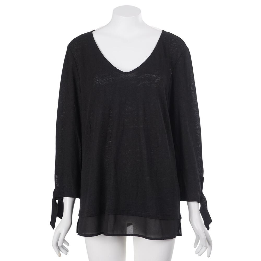 NWT Sanctuary Sylvie Top L Black Linen Tie Sleeves V-Neck Chiffon Hem Casual
